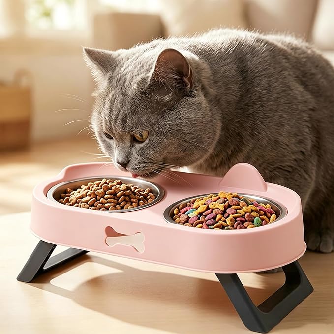 Elevated Cat Bowls with Foldable Stand, Anti Vomiting Raised Cat Food and Water Bowl Set, 2 Stainless Steel Dishes for Cats and Puppies, Splash Proof Non-Slip Neck Protection Pet Feeder (Pink) - Image 2