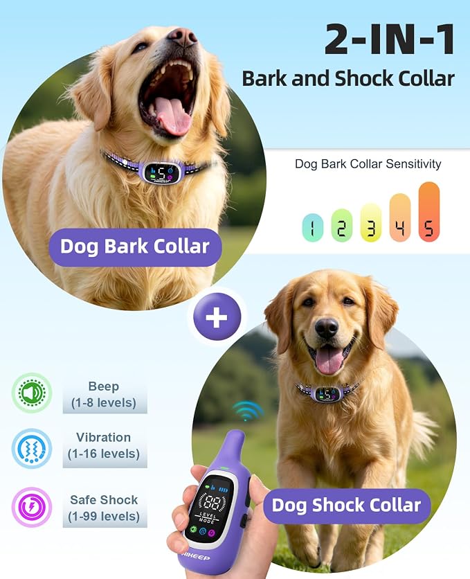 2-in-1 Dog Shock Collar and Bark Collar for Dogs – 3300FT Dog Training Collar with Remote, IP67 Waterproof e Collar with Anti-Bark/Beep/Vibration/Shock Modes for Small Medium Large Dog(8-120Lbs) - Image 2