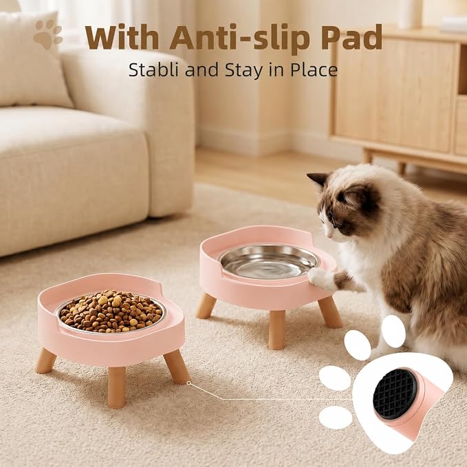 Elevated Cat Bowls, 2P Raised Cat Food and Water Bowl Set for Indoor Cats, Splash Proof with 2 Stainless Steel Pet Food Bowls for Cats ＆ Puppies, Whisker Friendly and Dishwasher Safe - Pink - Image 5