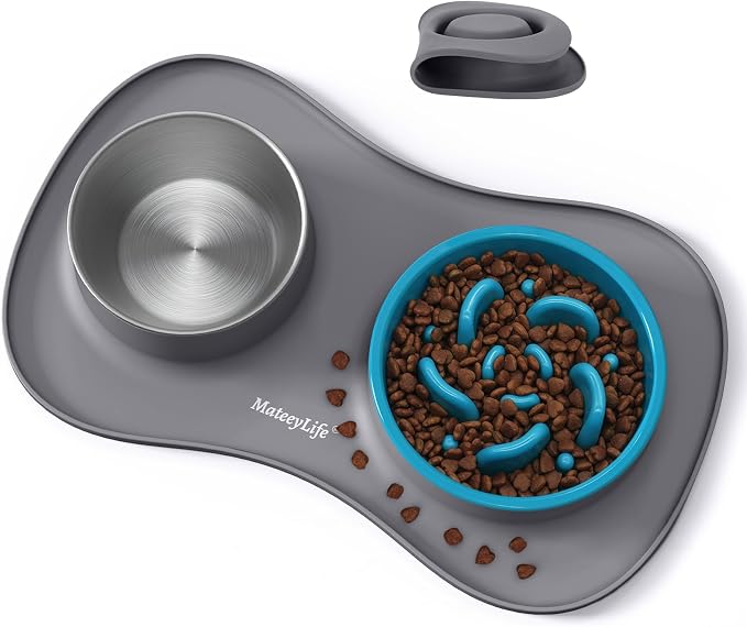 MateeyLife Dog Food and Water Bowl Set 3 in 1, Slow Feeder Dog Bowls & Stainless Steel Water Bowl with Non-Spill Silicone Mat, Cat and Puppy Bowls Pet Dishes for Small Medium Large Breed Anti-Choking by MateeyLife