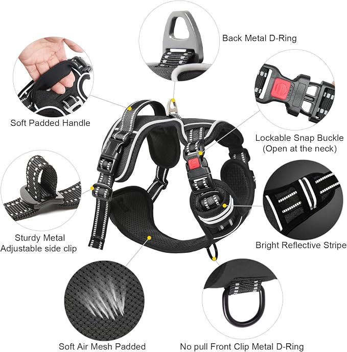Timos Dog Harness for Large, Reflective No Pull Vest with Handle, Black, L | Quick Release 3 Buckles, Easy On & Off, No Choke, Adjustable Soft Padded, Front & Back 2 Clips and Control Handle for Walking - Image 3