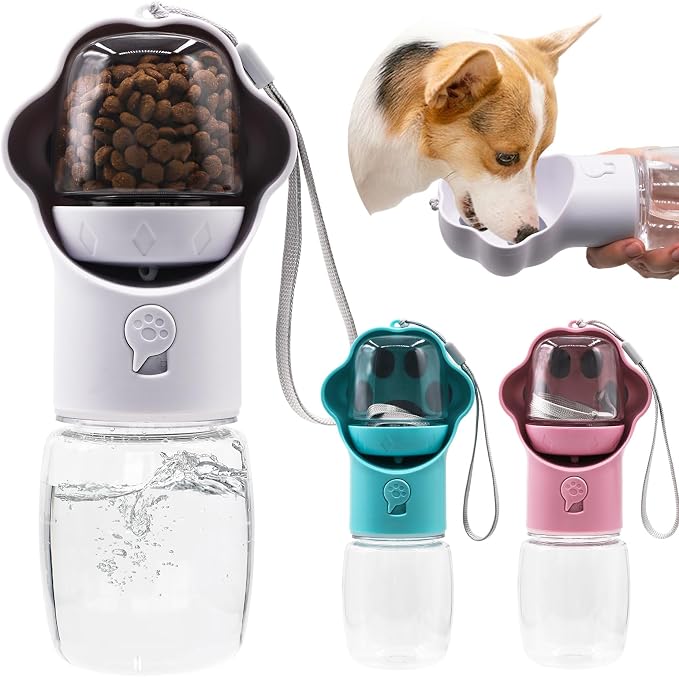 Dog Water Bottle with Food Container, Portable Pet Dispenser, Leak Proof, Hiking, Puppy Travel, Outdoor Activities(11.16 fl.oz/330ml, White) by Unknown