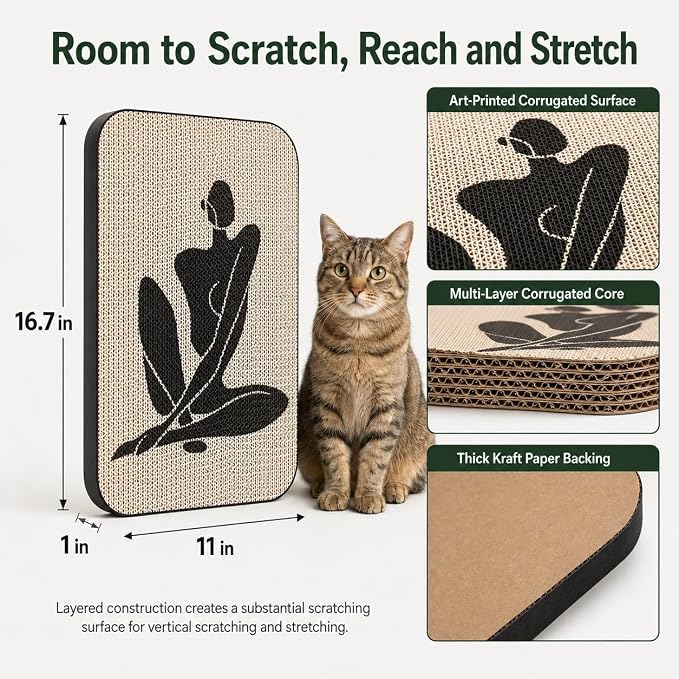 Cat Wall Scratcher, Art Cat Scratching Board for Indoor Cats | Wall Mounted Cat Scratch Pad, Water-Based Ink, Hook&Loop Strips, Floor or Wall Use, 16.7x11x1 Inch, Silent Elegance - Image 2