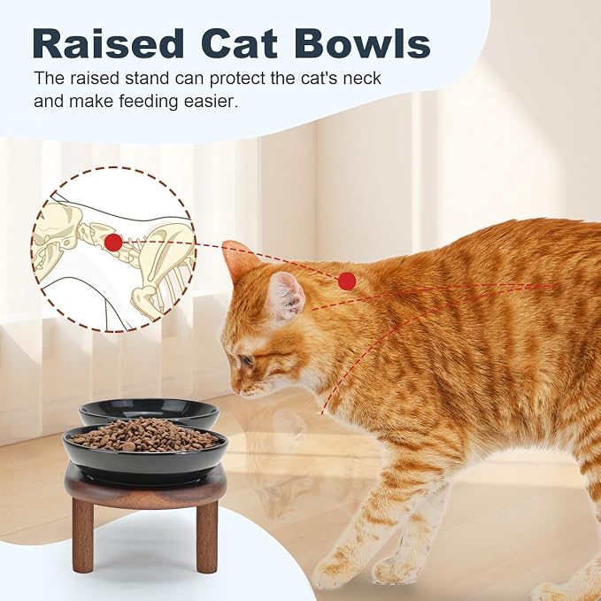 SPUNKYJUNKY Extra Wide Elevated Ceramic Cat Bowl with Acacia Wood Stand Whisker Friendly (Cat Paw Pattern, Black) - Image 3