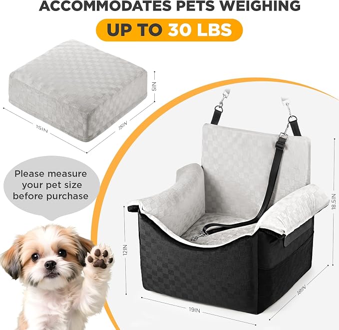 BONTHEE Elevated Dog Car Seat for Small Medium Dogs Under 30 lbs, Memory Foam Elevated Booster Seat with Headrests Support, Travel-Safe Car Bed with Detachable Washable Cover & Safety Belt - Image 5