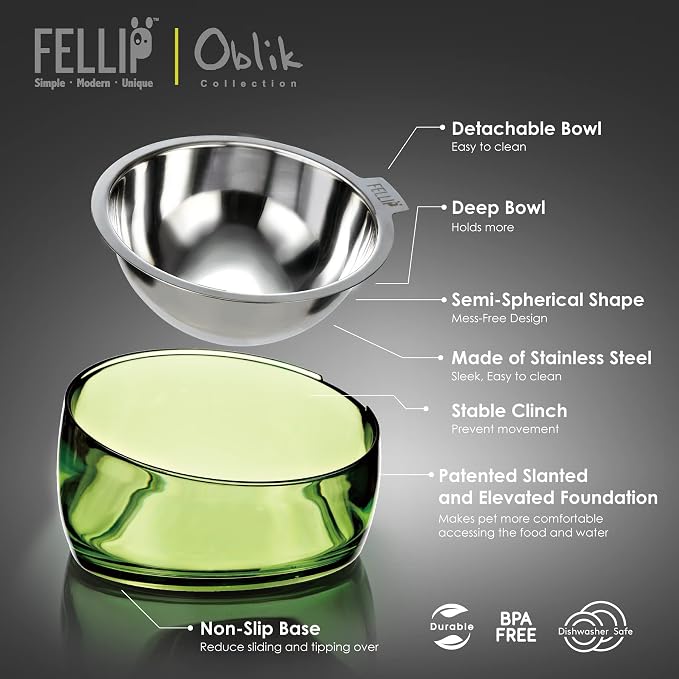Felli Pet Oblik Acrylic Raised Dog Food Water Bowl Stainless Steel Slanted Oval Dish for Short Leg Puppy & Small Medium Pet, Elevated Tilted Metal Feeder(Jade, 1.5 Cups Oval Dish) - Image 5