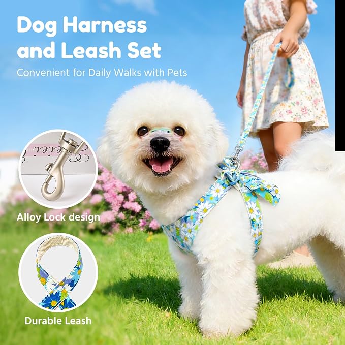 BAEJMJK Dog Harness and Leash Set with Bow Knot No Pull Pet Daisy Floral Harness with D-Ring Soft Mesh Dog Harness Vest Set Escape Proof Princess Puppy Harness for Small Girl Dogs Cats（Blue A S） - Image 7