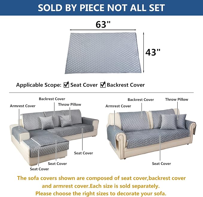 Eismodra Couch Cover,Sectional Couch Covers,Sofa Covers for 3 Cushion Couch,Anti-Slip Sofa Slipcovers for Dogs Cats Kids Loveseat Recliner L Shaped Armrest,Light Gray 43''x63''(Only 1 Piece) - Image 5