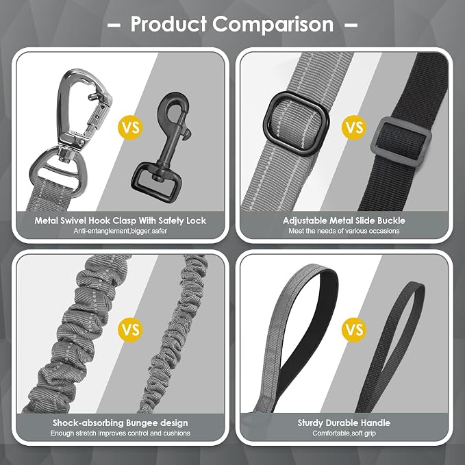 AUBELL Tactical Dog Leash Heavy Duty,4-6ft No Pull Bungee Leash,Grey | Reflective Dog Leash for Medium Large Dogs with Comfortable Padded Double Handle,Car Seat Belt,360 Degree Rotating Carabiner - Image 7