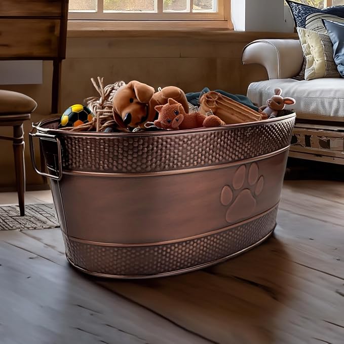 BREKX Copper Metal Dog Toy Storage Bin, Indestructible, Large | Toy Box, Blanket & Leash Organization • Handles - Image 7