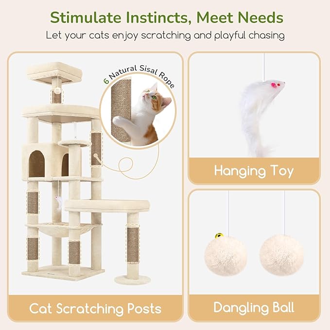 Globlazer Extra Large Platform Cat Tree, 65in Tall Sturdy Cat Tree for Indoor Cats Large Adult, Big Cat Tower for Big Cats with 3 Enlarged Perches, 6 Scratching Posts, Cat Condo, Hammock, S65, Beige - Image 6