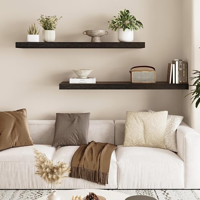 Fixwal Floating Wall Shelves for Decor (Black, Set of 2, 35.4Inch) | MDF Shelf with Metal Brackets, Space Saving for Books , Decor, Fits Bathroom, Kitchen, Bedroom, or Office - Image 2