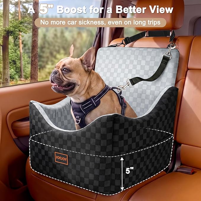 JOEJOY Elevated Dog Car Seat for Small/Medium Dogs up to 35 lbs, Memory Foam Booster Seat with Detachable Washable Cover, Travel-Safe Car Bed with Safety Belts & Storage Pockets, Grey - Image 2
