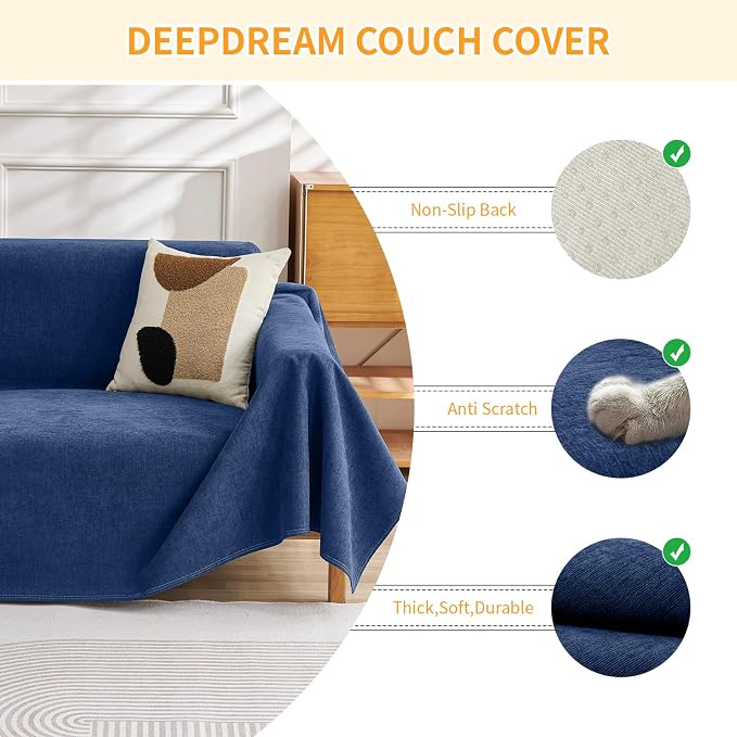 Deep Dream Cat-Scratch Resistant Couch Cover, Waterproof Sofa Cover for 3 Cushion Couch Washable, Pet Friendly Couch Protectors Anti Slip Thickened Love Seat Slipcovers for Dogs Pets,71" x 134",Blue - Image 3