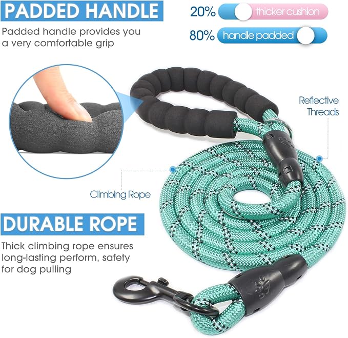 2/4/5/6 FT Dog Leash with Comfortable Padded Handle and Highly Reflective Threads for Small Medium and Large Dogs (6FT-1/2'', Turquoise) - Image 2