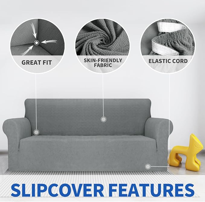 MAXIJIN Loveseat Cover Sofa Covers (55"-69"), 1-Piece Stretch Couch Covers for 2 Cushion Couch Love Seat Slipcover with Elastic Bottom for Kids,Dog (Loveseat, Diamond Pattern Light Gray) - Image 3