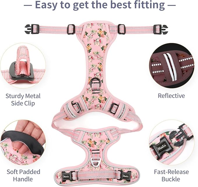 HEELE Dog Harness, No Pull Adjustable Padded Reflective Harness for Small Medium Large Dogs with Handle for Walking Training, Flower-Pink, M | Front Clip for Medium Dog Harness, 2 Metal Rings with Handle, Adjustable, Soft Breathable Padded Pet Vest for... - Image 6