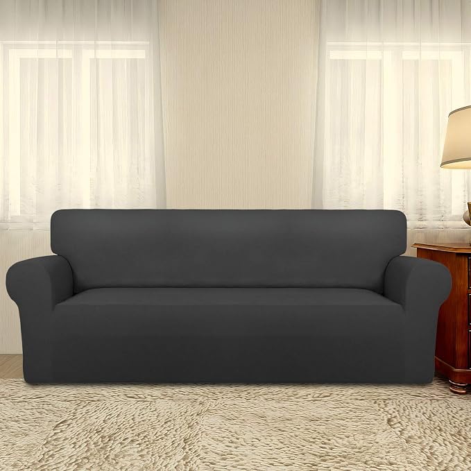 PureFit Stretch Couch Covers for Sofa Large Sofa Slipcovers Dark Gray | 1-Piece Spandex Couch cover Soft Couch protector, Sofa cover Washable with Non Skid Foam and Elastic Bottom for Kids, Dogs - Image 2