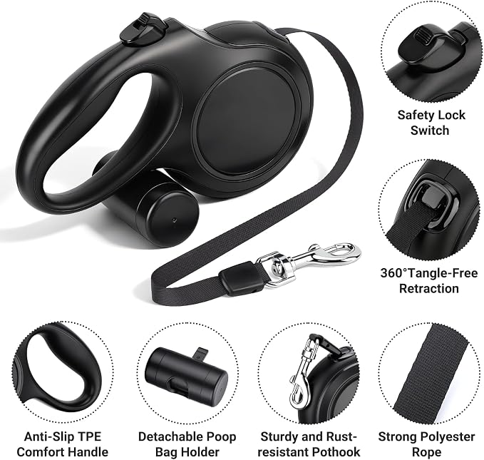 Segarty 16 Ft Retractable Dog Leash with Detachable Poop Bag Holder, 5m Walking Leash for Pets up to 66 Lbs, 360°Tangle-Free Black Dog Lead with Anti-Slip Handle & One-Handed Brake Pause Lock for Dogs - Image 3