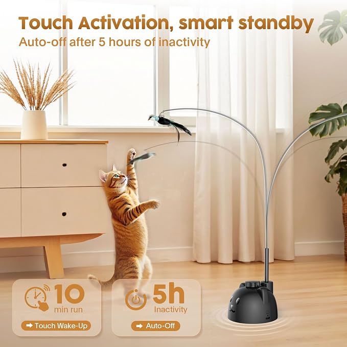 Interactive Cat Toys for Indoor Cats, 360° Automatic Spin Flying Bird Wand | 8cm Suction Cup & Weighted Base, Silicone-Protected Rod, USB Rechargeable with Replaceable Feather & Streamer Attachments - Image 5