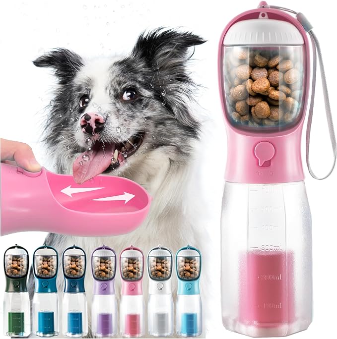 Portable Water Bottle for Dogs, 3 in 1 Pet Travel Bowl Dispenser with Food Treat Container & Poop Bag Holder, Summer Outdoor Walking Hiking Accessories for Large Dog On The Go - Pink, 20oz by MoonyMars