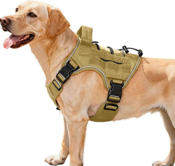 Heavy-Duty Tactical Dog Harness for Large Dogs, No Pull Adjustable Reflective Pet Vest with Molle System, K9 Military-Grade Control for Service Training, Outdoor & 10+ Breeds, Khaki, Medium by Bruvoalon