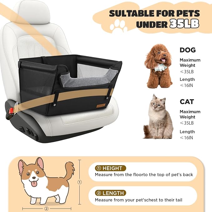 BONTHEE Elevated Dog Car Booster Seat for Dogs & Cats up to 35LB, 6-Inch Memory Foam Pet Booster Seat, Side Breathable Mesh,Portable Travel-Safe Bed for Cars,Elevated Car Seat for Small Medium Dogs - Image 5