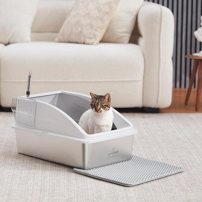 AIPERRO Stainless Steel Litter Box | XL Enclosed Cat Litter Boxes with Lid | High Sided Metal Litter Box for Big Cats | Anti-Urine Leakage | Non-Stick & Easy to Clean | Includes Litter Mat & Metal Scoop - Image 9