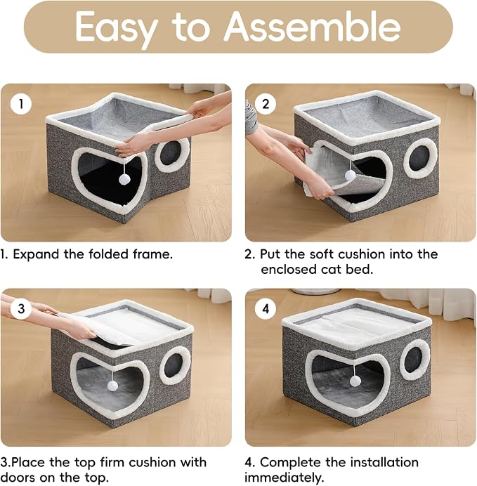 Cat Houses for Indoor Cats, Large Covered Cat Bed Cave, Grey, 16in | Foldable Kitten Bed House with Fluffy Ball and Scratch Pad, Large Cat Condo for Multiple Pets, Cat Hideaway, 16x16x13 inches - Image 6