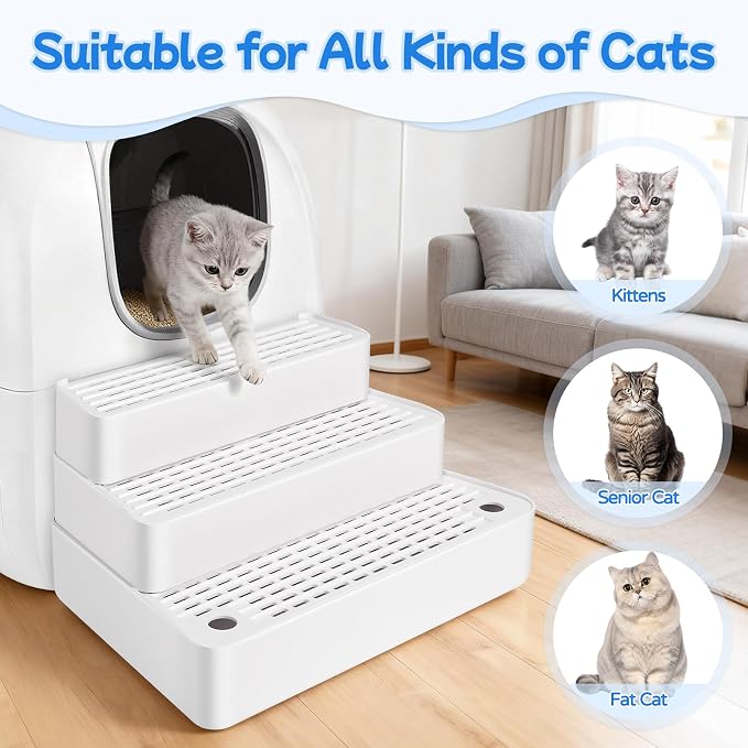 Extra Large 3 Steps Litter Box Ramp, Adjustable Cat Litter Box Step with Filter Function, Easy to Clean Cat Litter Stair Catcher for Elderly Cats and Kitten (White) - Image 4