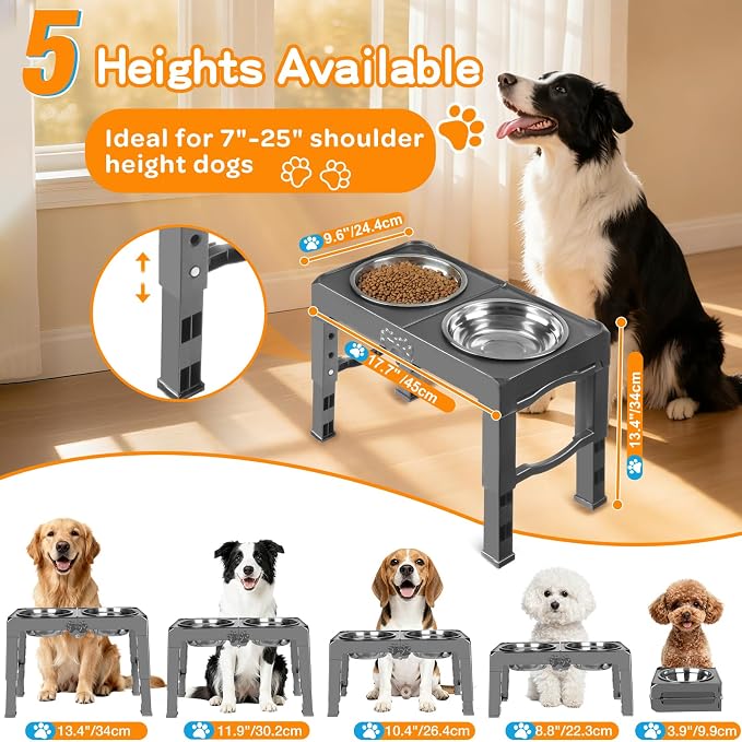 COMESOON Elevated Dog Bowls, 5 Adjustable Heights (3.9"-13.4") Raised Dogs Food Bowl Stand for Medium Large Sized Dogs, Non-Slip Foldable Travel Pet Feeder Grey with Stainless Steel Bowls - Image 2
