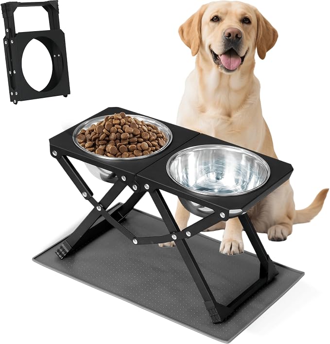 Foldable Elevated Dog Bowl Holder with 2 Large 58oz Stainless Steel Bowls, 10.2" Tall Raised Dog Bowl Stand for Medium/Large Breeds with Silicone Mat, Indoor and Outdoor Use by FLODOMIXHOME