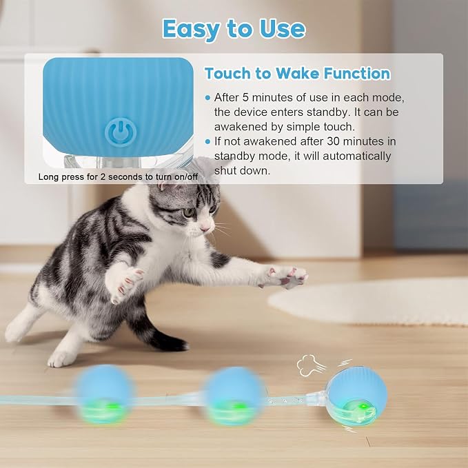 Interactive Cat Toys for Indoor Cats & Dogs, Agile Moving Cat Ball with Elastic Mesh Tail, Rechargeable Enrichment Toys, Smart Automatic Rolling Pet Ball Toys for Bored Indoor Dogs & Cats (Blue) - Image 6