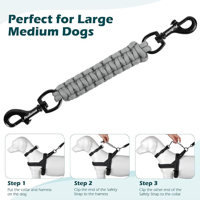 PetBonus Dog Collar Safety Clip, Handmade Prong Collar to Harness Connector | Dog Leash Backup Safety Strap, Escape Proof, Double Ended Clasp, Lead Connector for Pinch Collar, Harness (Grey) - Image 6