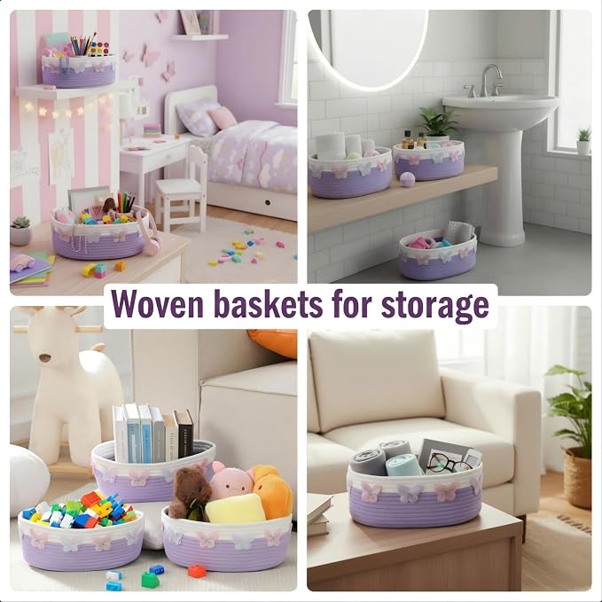 Geelin 3 Pcs Purple Baskets for Gift Cute Butterfly Woven Rope Gift Baskets Rectangle Shelf Organizer Laundry Hamper Storage Bins for Closet Bedroom Decor Nursery Toys Organizing, 11.8''x7.8''x4.7'' - Image 6