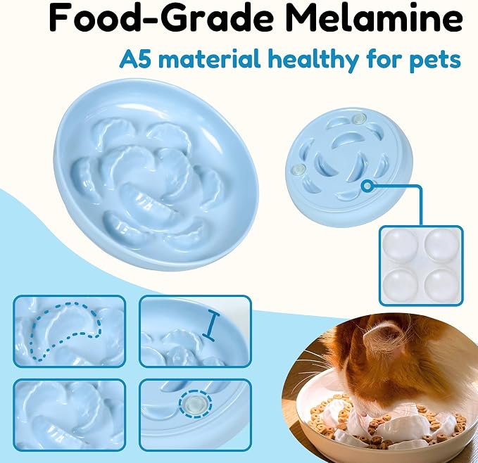 Unbreakable Slow Feeder Bowl for Cats and Small Dogs- Cat Plates for Wet & Dry Food- Melamine Puzzle Cat Bowl for Slow Eating- Whisker Friendly & Dishwasher Safe & Non Slip Design - (Blue,6.3'W*1.5'H) - Image 4