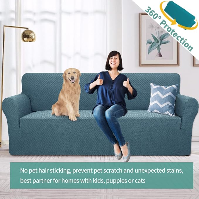 YEMYHOM Couch Cover Latest Jacquard Design High Stretch Extra Large Sofa Covers Pet Dog Cat Proof Oversized Slipcover Non Slip Magic Elastic Furniture Protector (XL Sofa, Teal) - Image 2