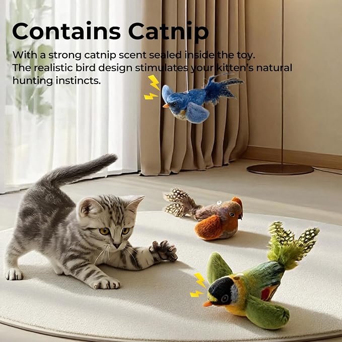 2-pack catnip cat toys that stimulate indoor cats' natural hunting instincts,Interactive plush bird toy with realistic chirping sounds to tease your cat (Green artificial bird + blue artificial bird) - Image 2