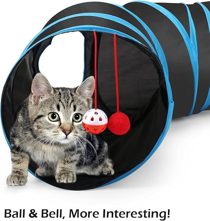 Pawaboo Cat Tunnel Tube S-Shaped, 25x97cm, Blue | Extensible Collapsible, Interactive Toy Maze, With Balls and Bells, For Kitten Kitty Rabbit Small Animal - Image 4