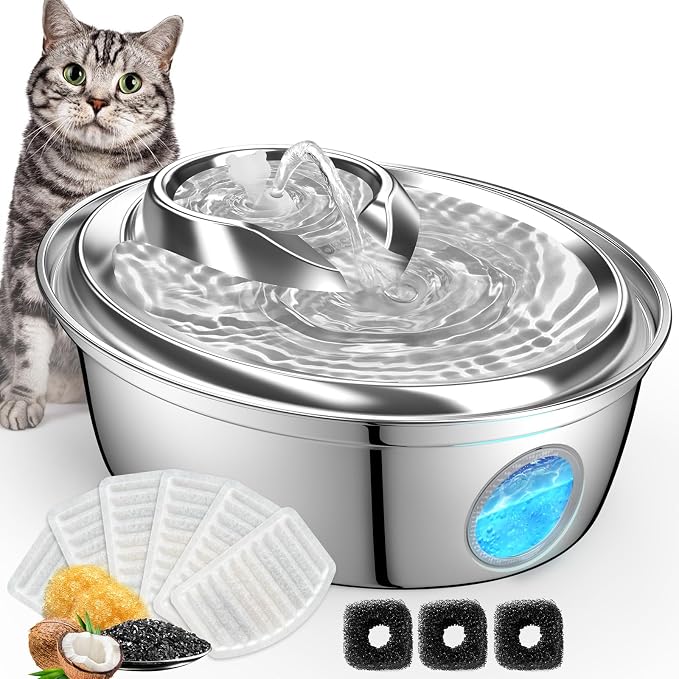 ORSDA Stainless Steel Cat Water Fountain, Automatic Pet Drinking Fountain, 67oz/2L Dog Pet Water Dispenser with Visual Water Level Window for Cats and Small Dogs- 6 Filters +3 Pump Sponges (D36) by ORSDA
