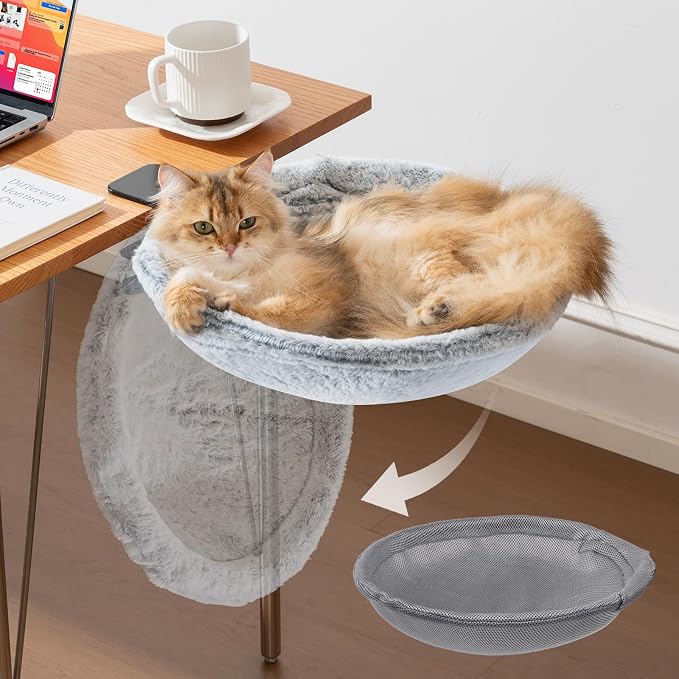 Uross Cat Desk Bed, Space Saving Desktop Folding Cat Hammock, Work from Home Office Cat Accessories for Indoor Cats, 2 Interchangeable Covers (Cozy Plush & Breathable Mesh) for All Seasons-Grey by Uross