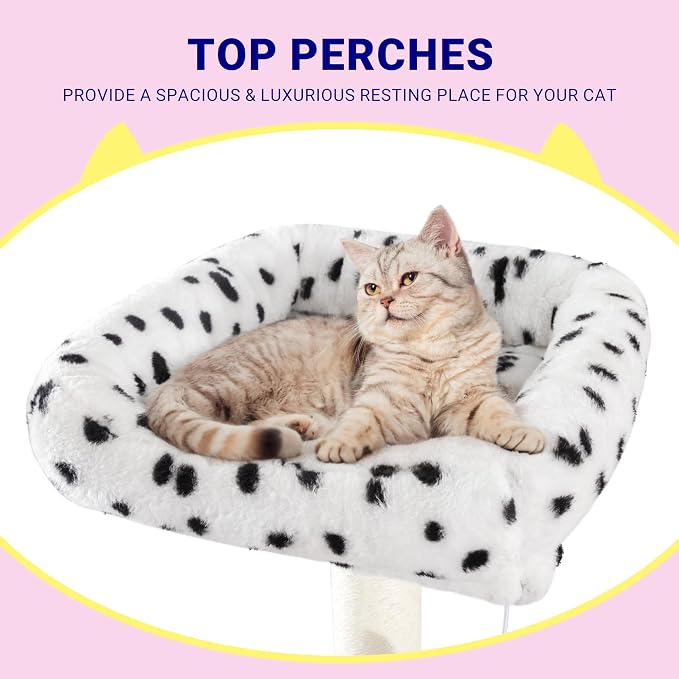 Allewie 73in Fan-Shaped Space-Saving Corner Cat Tower/Multi-Level Tall Cat Tree for Indoor Kitties/Cozy Baskets/Condos/House/Perches/Sisal Scratching Posts/Pet Activity Center/White & Black Spot - Image 4