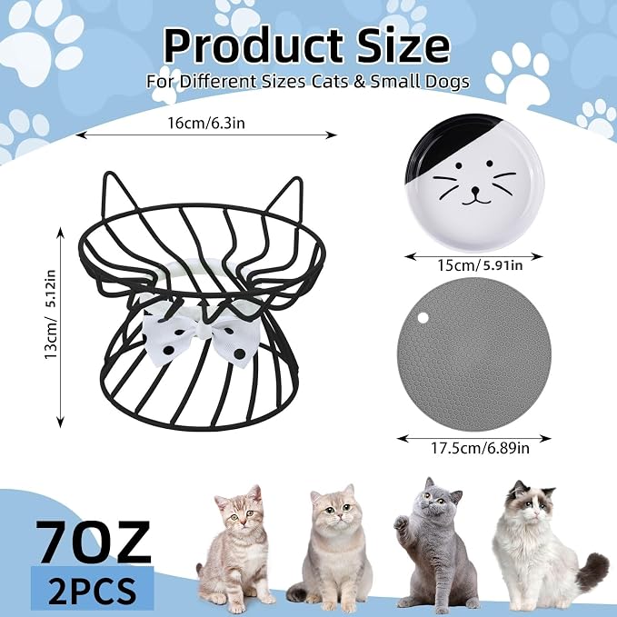 Set of 2 Elevated Ceramic Cat Bowls, Detachable, Black | Detachable Design Easy Cleaning Whisker Friendly Non-Slip Base Premium Ceramic - Image 2