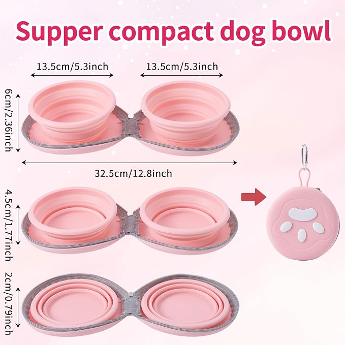 Dog Bowl for Travel, Collapsible Silicone Dog Dual Bowls with Dustproof Zip Case and Pet Paw Pattern 180 Degrees Flip Over Compact Foldable Feeder for Camping Hiking Trips - Image 4
