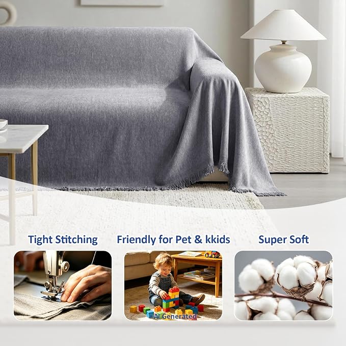 Chenille Couch Cover for Dogs Washable Boho Throw Blanket Washable | 71"×118",Gray, Soft Chenille, Tassel Design, Pet Friendly, Furniture Protector, for Couch, Sofa, Bed, Living Room - Image 6