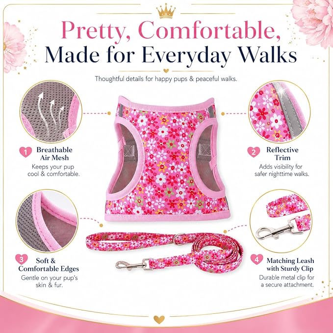 Step in Dog Harness Leash Set- All Weather Reflective No-Pull Floral Pattern Padded Mesh Vest Harness for Cats Puppy Extra-Small Small Medium Large Dogs - Pink Flower - XXS - Image 2