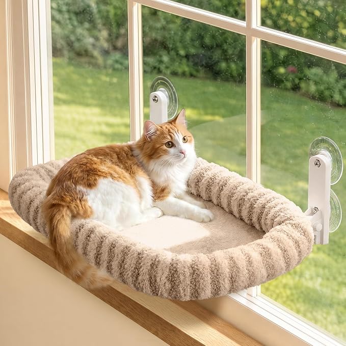 Zakkart Mellow Foldable Cat Window Perch, Upgraded Suction Cups (Brown, M) | Curtain-Friendly, Dual-Fabric Striped Machine Washable Bed, Heavy Duty ABS & Metal Frame, Hold up to 40 lbs., 22.8"W x 15.5"D by Zakkart
