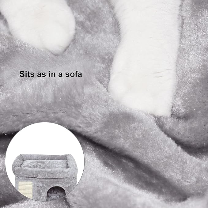 SYANDLVY Small Cat Tree for Indoor Cats, Cat Tower with Scratching Post, Modern Activity House for Large Cats, Condo with Board, Kittens Cave (Light Grey) - Image 4