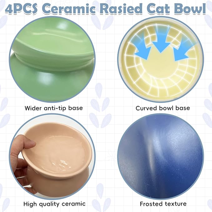 kathson 4 Pcs Ceramic Raised Cat Bowls, Elevated Tilted Cat Food Bowl, Anti Vomiting Pet Food Bowl, Colorful Porcelain Pet Feeder Dish for Cats and Small Dogs,Stress Free, Whisker Fatigue - Image 4