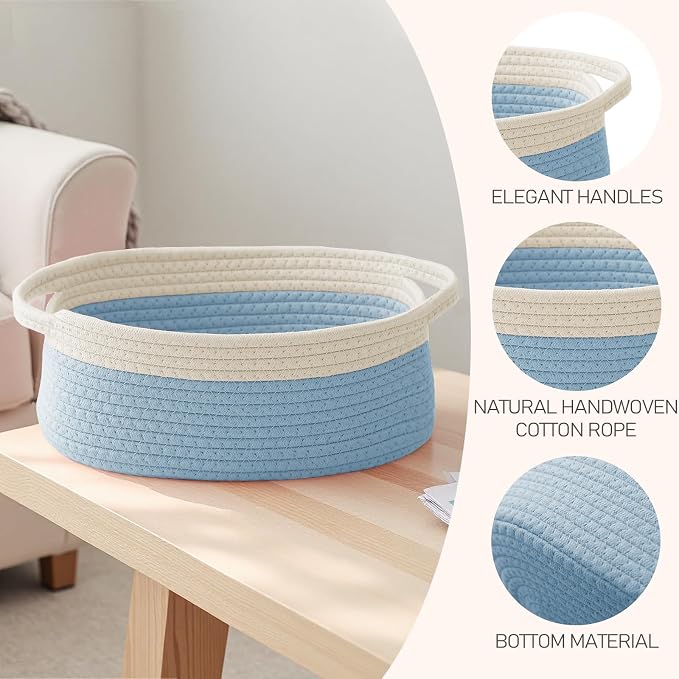 JMvicyroam Small Woven Basket, Empty Gift Basket, White&Blue/1 Pack | Small Gift Basket, Cotton Rope, 12 x 8 x 63 in, Handles, Includes Ribbon and Bag, Birthday Gift Basket - Image 3
